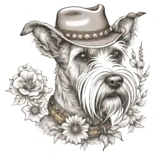 wheaten female schnauzer with cowgirl hat and brown eyes and a collar with flowers  with western background tattoo design idea