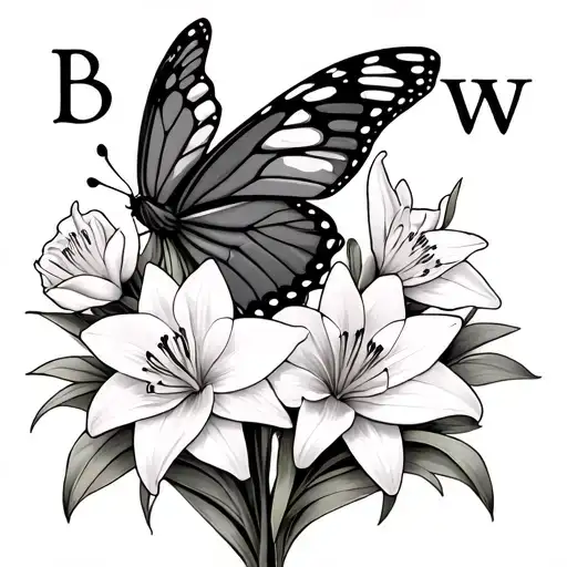 daffodils and lily with a butterfly and with the initials B and W in the wings of the butterfly  tattoo design idea