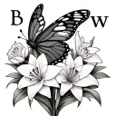 daffodils and lily with a butterfly and with the initials B and W in the wings of the butterfly  tattoo design idea
