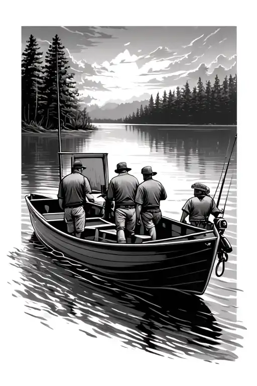 looking down, back view, father and 2 sons on each side, in a fishing boat with motor, lake fishing, trees tattoo design idea