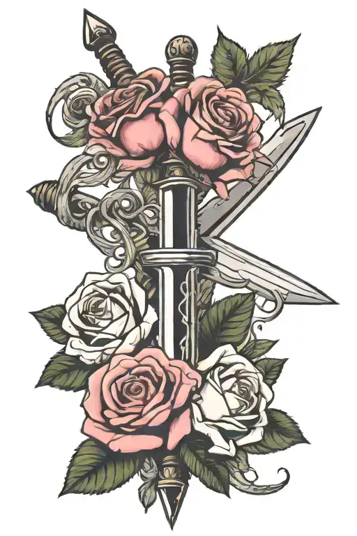 three roses with a sword over the top tattoo design idea