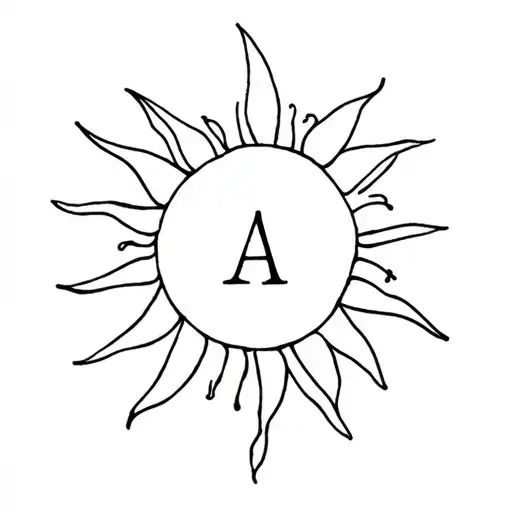 fine line tattoo of a sun, outline only, with the letters A and M in connected loopy cursive  tattoo design idea