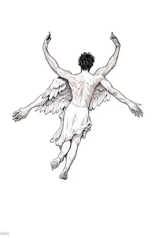 LUCIFER FALLING ANGEL WITH MEMENTO MORI, JAPANSE ART, HIS BACK ONE HAND IN SKY AND ON GROUND, BROKEN WINGS, ON ARM  tattoo design idea