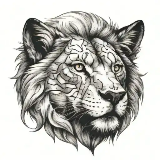half a face of wolf and half a face of lion tattoo design idea