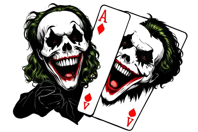 joker skull holding up joker playing card while laughing tattoo design idea