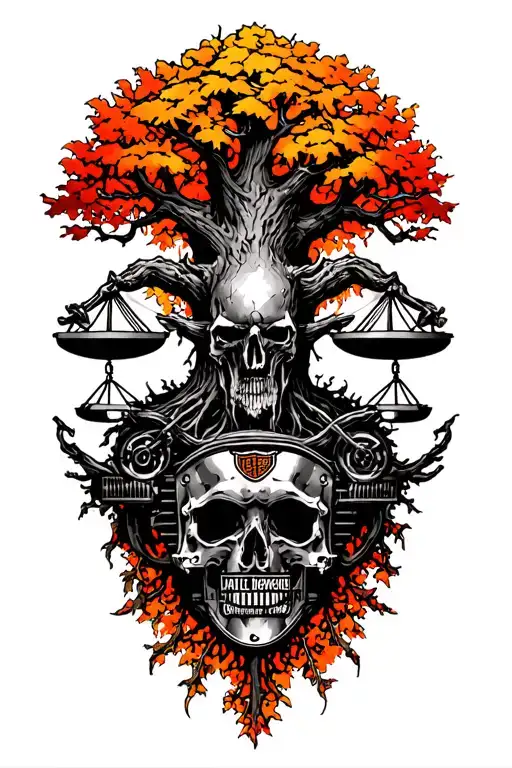 gothic tree of life, harley davidson engine, midevil libra scale & time tattoo design idea