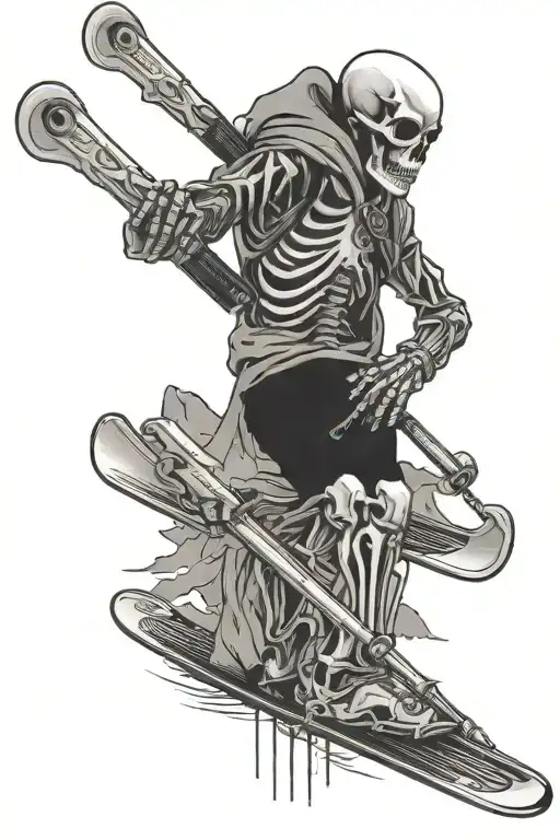 Skeleton holding a pair of modern skis over his shoulder in one arm, and a pair of ski poles in the other arm tattoo design idea