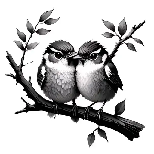 fine line and shading tattoo of two small fluffy chubby wren birds cuddling on a branch tattoo design idea