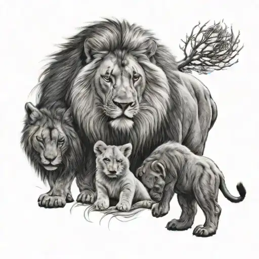 Male lion, alpha wolf, baby wolf, baby elephant playing tattoo design idea