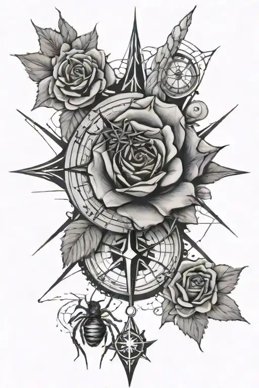 rose, compass, spider web, tattoo design idea