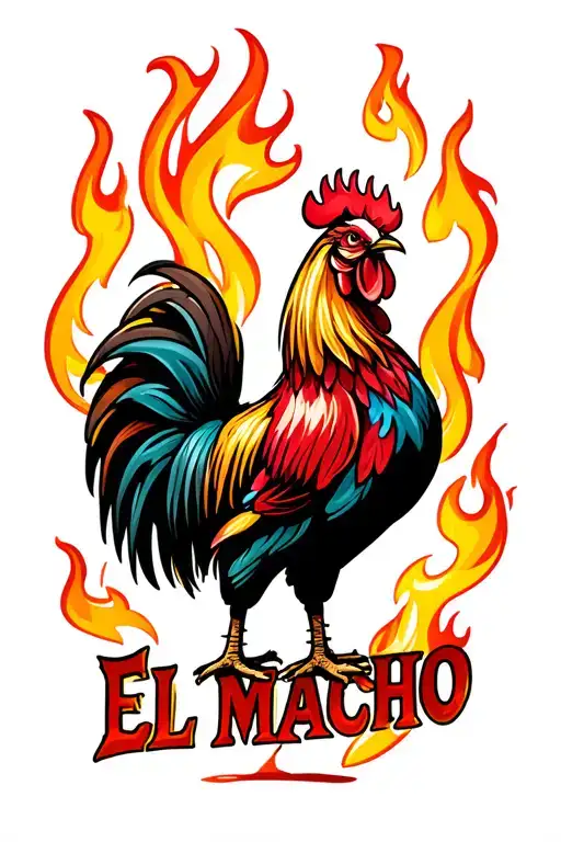 rooster crowing in the air with two legs in flames with "El Macho" written below tattoo design idea