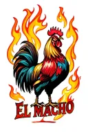 rooster crowing in the air with two legs in flames with "El Macho" written below tattoo design idea