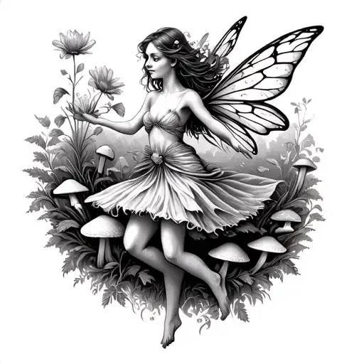 fairy dancing with flower with mushrooms and forest tattoo design idea