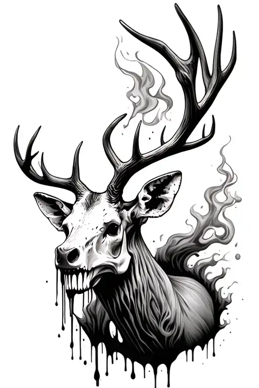 deer skull and antlers ripping through skin and muscle dripping with blood and smoke coming out of the eyes tattoo design idea