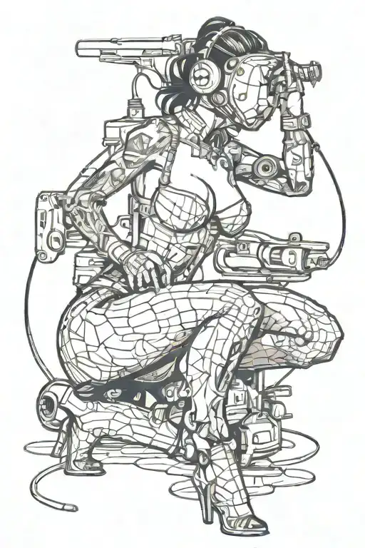sexy pin up donning welding mask and lingerie, big, round ass, on her knees using torch, she's very fit. not weird look tattoo design idea