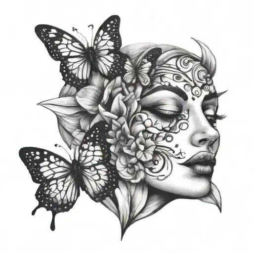 ceramic face with butterfly as lips tattoo design idea