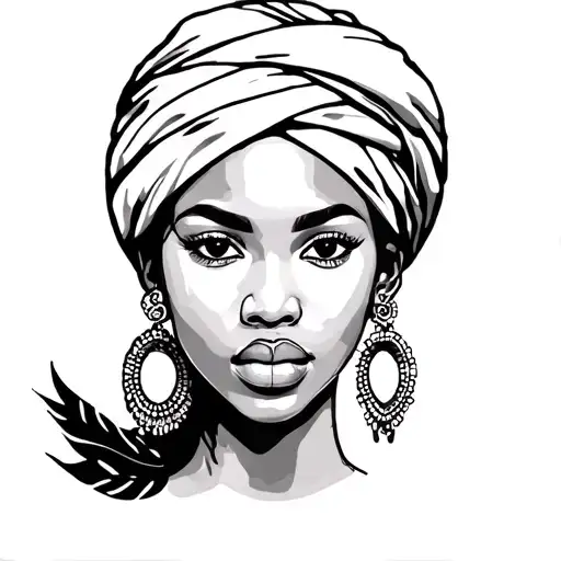 stencil tattoo african woman with turban and piercing in black and white tattoo design idea