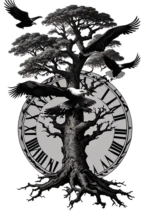 poison tree with eagles flying and roman numeral numbers tattoo design idea