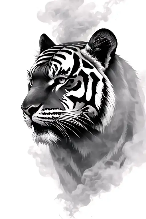 tiger head from side view surrounded by smoke fog tattoo design idea