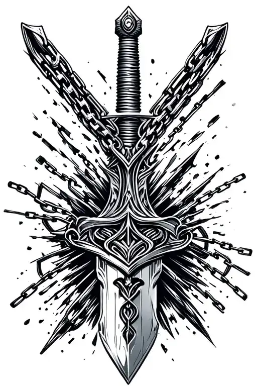 Sword with chains breaking and bursting tattoo design idea