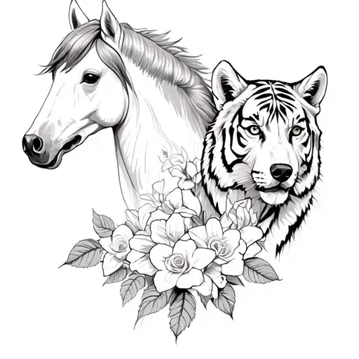 a horse, a husky and tiger together with roses and narcissus flowers tattoo design idea