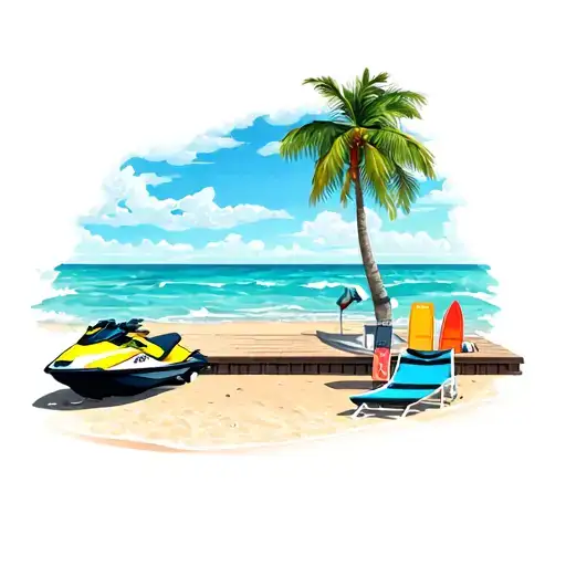 beach landscape with palm tree, floating jet ski, boat on jetty, surfboard on beach, sunbed and umbrella tattoo design idea