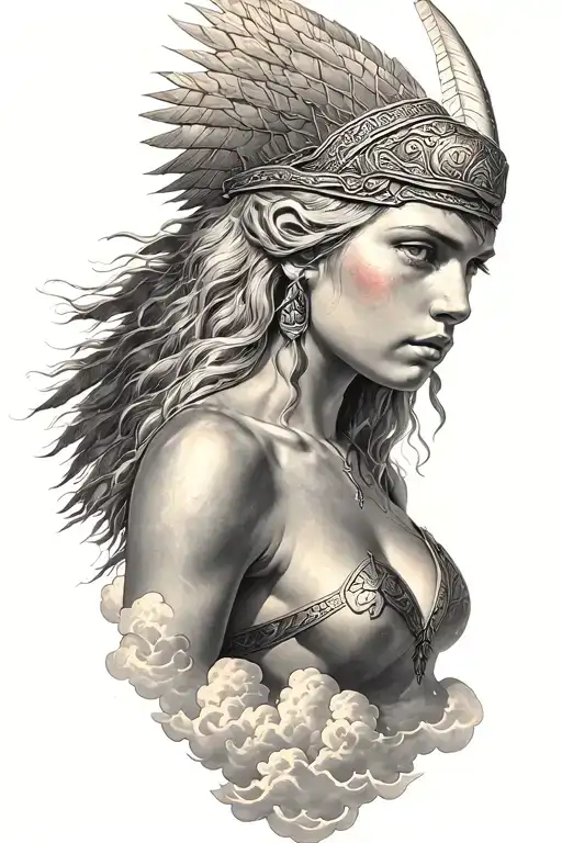 norse Valkyrie, clouds, rays, country of Colombia  tattoo design idea