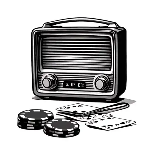 Design: A small 1950s-style radio (symbolizing oldies music) sitting next to a stack of poker chips or cards on a table. tattoo design idea