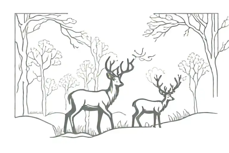 A mystical forest scene with hidden deer  silhouettes tattoo design idea