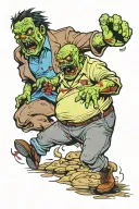 funny cartoon zombie chasing a fat person tattoo design idea