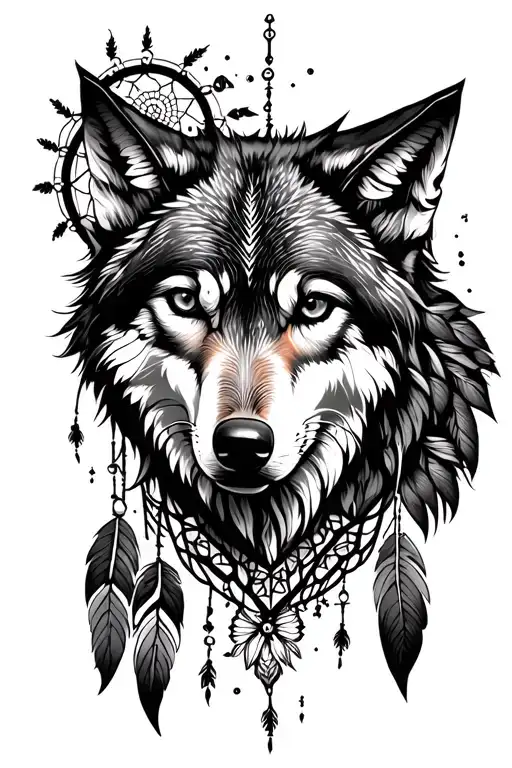 Wolf and Dreamcatcher tattoo design idea
