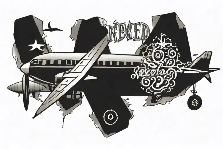 The word "neverland" with a detail of an RD airplane  tattoo design idea