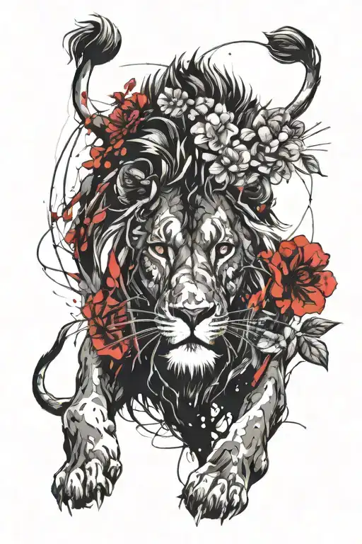 lion with GERANIUMS and ruby eyes looking tattoo design idea