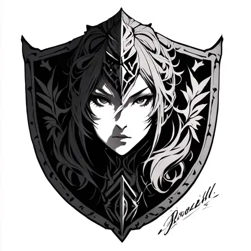 Using the pattern of pyrrha's headpiece in rwby (the same pattern that jaune ends up using at the bottom of his shield)  tattoo design idea