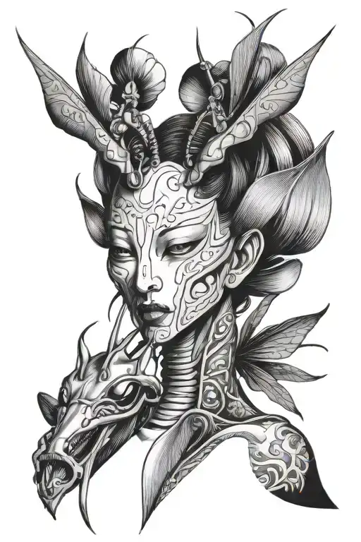 body of a praying mantis (the insect) with a geisha head removing an Asian horned mask from her face tattoo design idea