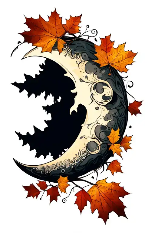 sliver half moon surrounded by fall leaves tattoo design idea