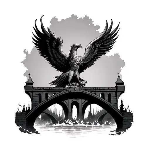burning bridge with a phoenix rising from ashes tattoo design idea