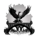 burning bridge with a phoenix rising from ashes tattoo design idea