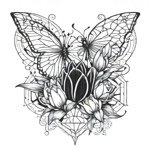 a design with tulips, butterflies, cracks, and geometric shapes  tattoo design idea