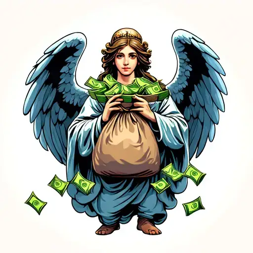 angel holding bag full of money and money rolls around it with clouds  tattoo design idea