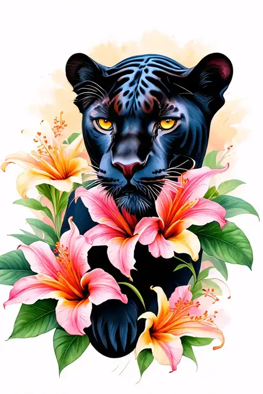 panther with stargazer lilies snd hibiscus flowers  tattoo design idea