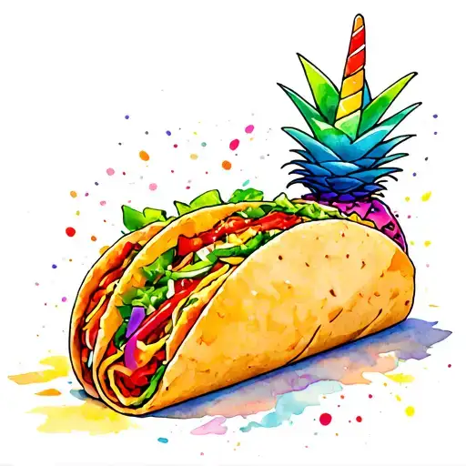 rainbow unicorn wrapped inside a spicy taco with a side of sassy pineapple tattoo design idea