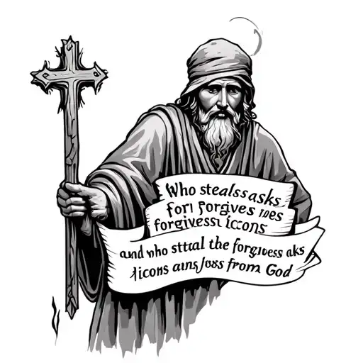 Peasant and the inscription "Who steals asks for forgiveness from the icons, and who steal the icons asks for forgiveness from God" tattoo design idea