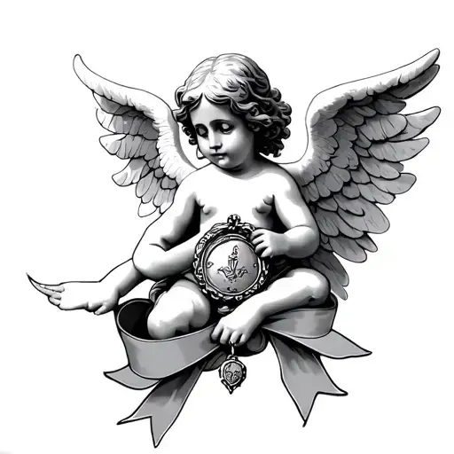 cherub angel with ribbon and locket tattoo design idea