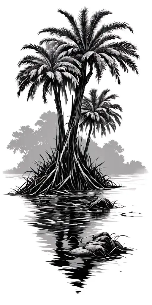 florida swamp cyprus tree canopy palmettos with flowing water tattoo design idea