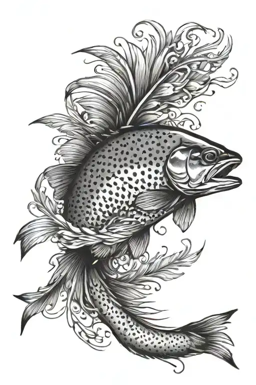 half feather on left side half trout on right side tattoo design idea