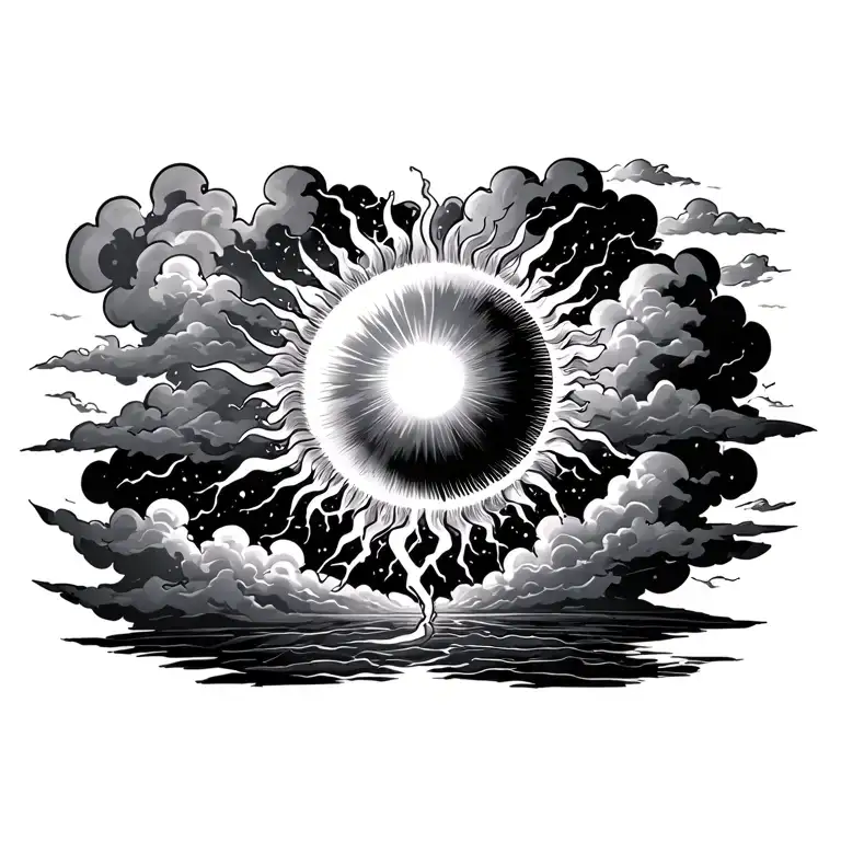sun with the clouds with lightning coming out of the bottom  tattoo design idea