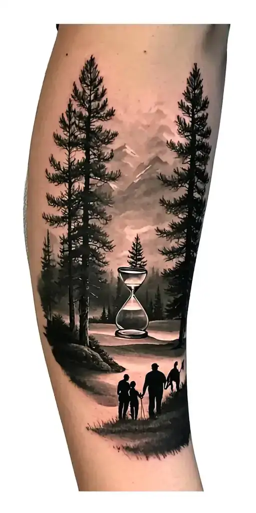 pine forest scene and family on golf course and ansel adams and hour glass tattoo design idea