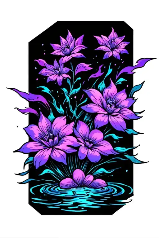 neon japan style flowers purple fire clouds and water  tattoo design idea