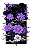 neon japan style flowers purple fire clouds and water  tattoo design idea